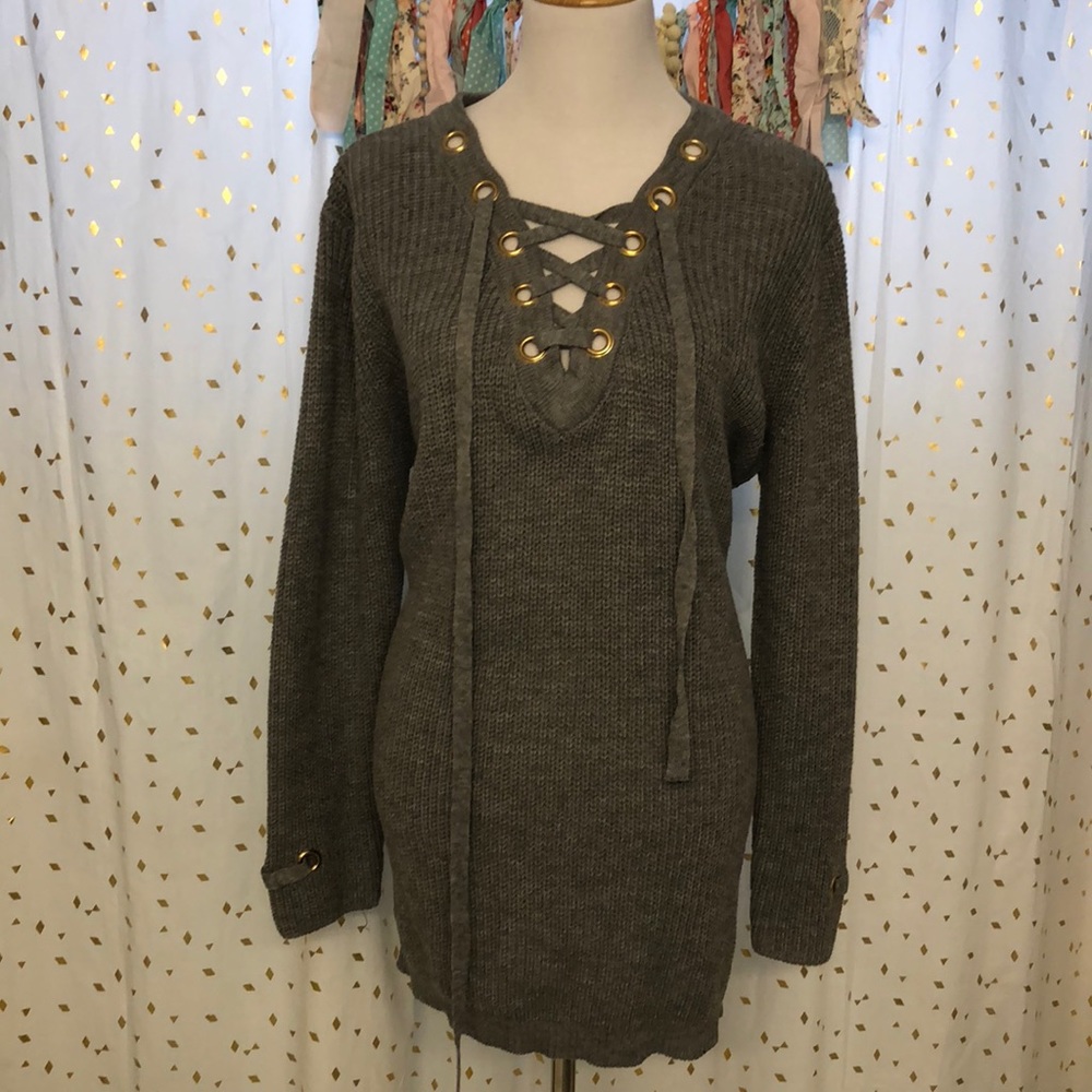 Gray tunic lace up sweater